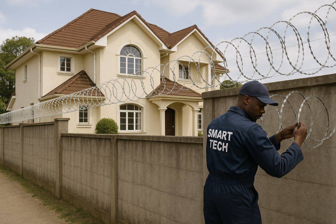 Smarttech technician installing razor wire and electric fencing